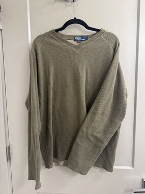 Vintage Polo Ralph Lauren Olive Green Ribbed Cotton V-Neck Sweater XL